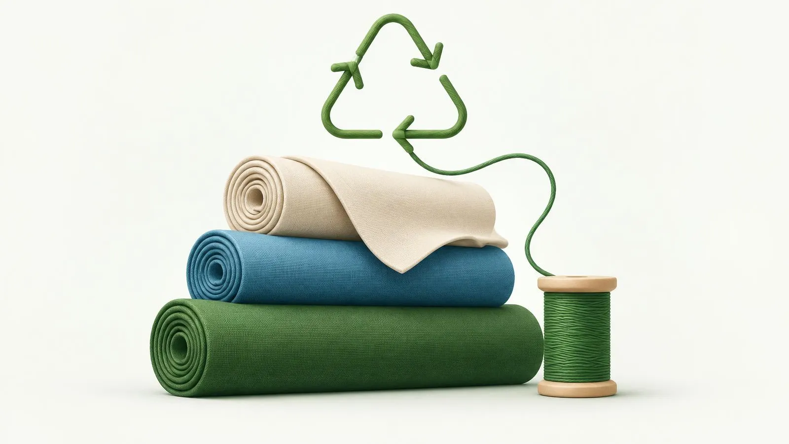Illustration of stacked fabric rolls and a thread spool forming a recycling symbol