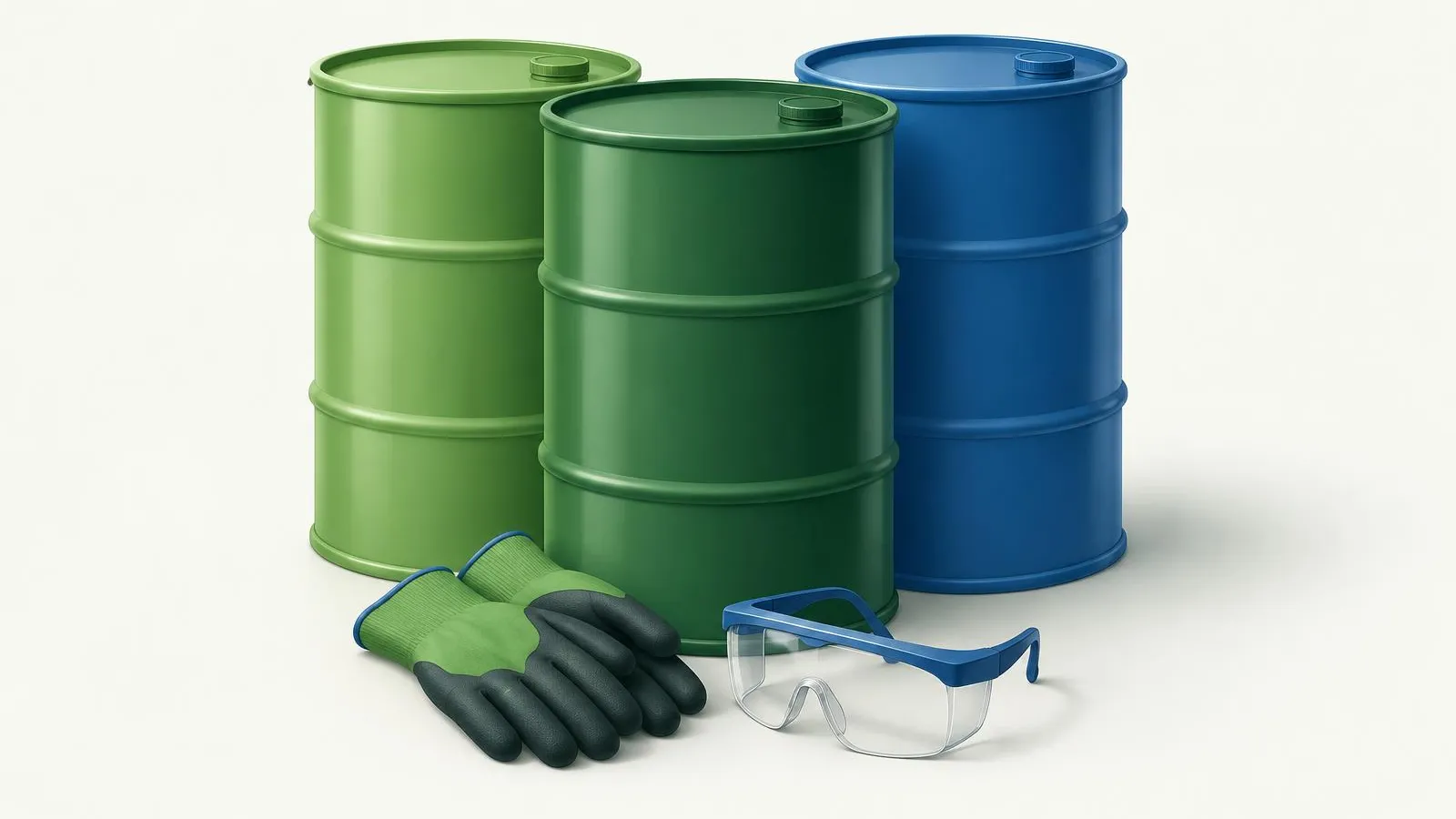 Illustration of three sealed drums with protective gloves and safety goggles