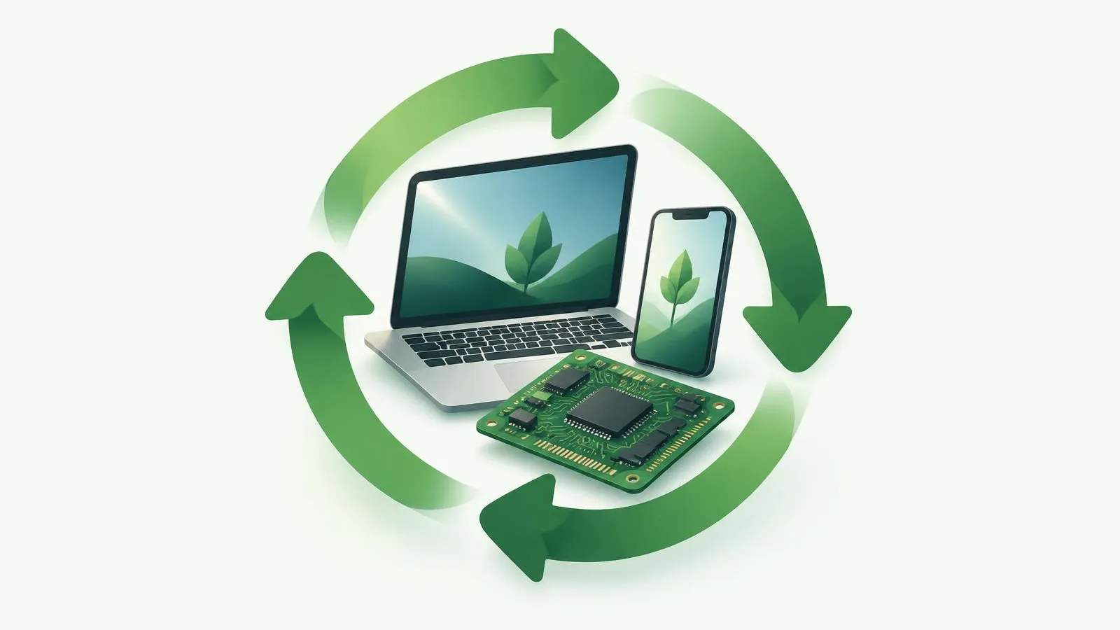 Illustration of a laptop, smartphone and circuit board inside a recycling loop of green arrows