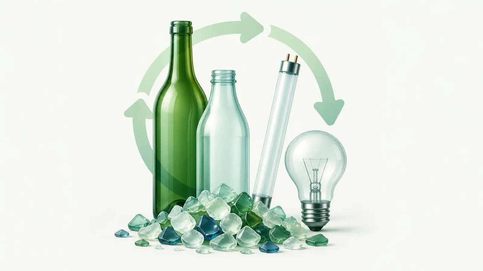 Illustration of glass bottles, a fluorescent tube and a light bulb beside a pile of glass cullet