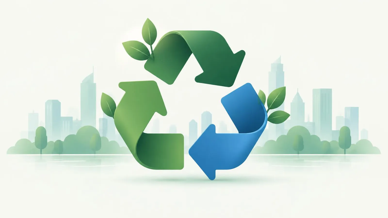 Illustration of a recycling symbol with leaves in front of a soft city skyline