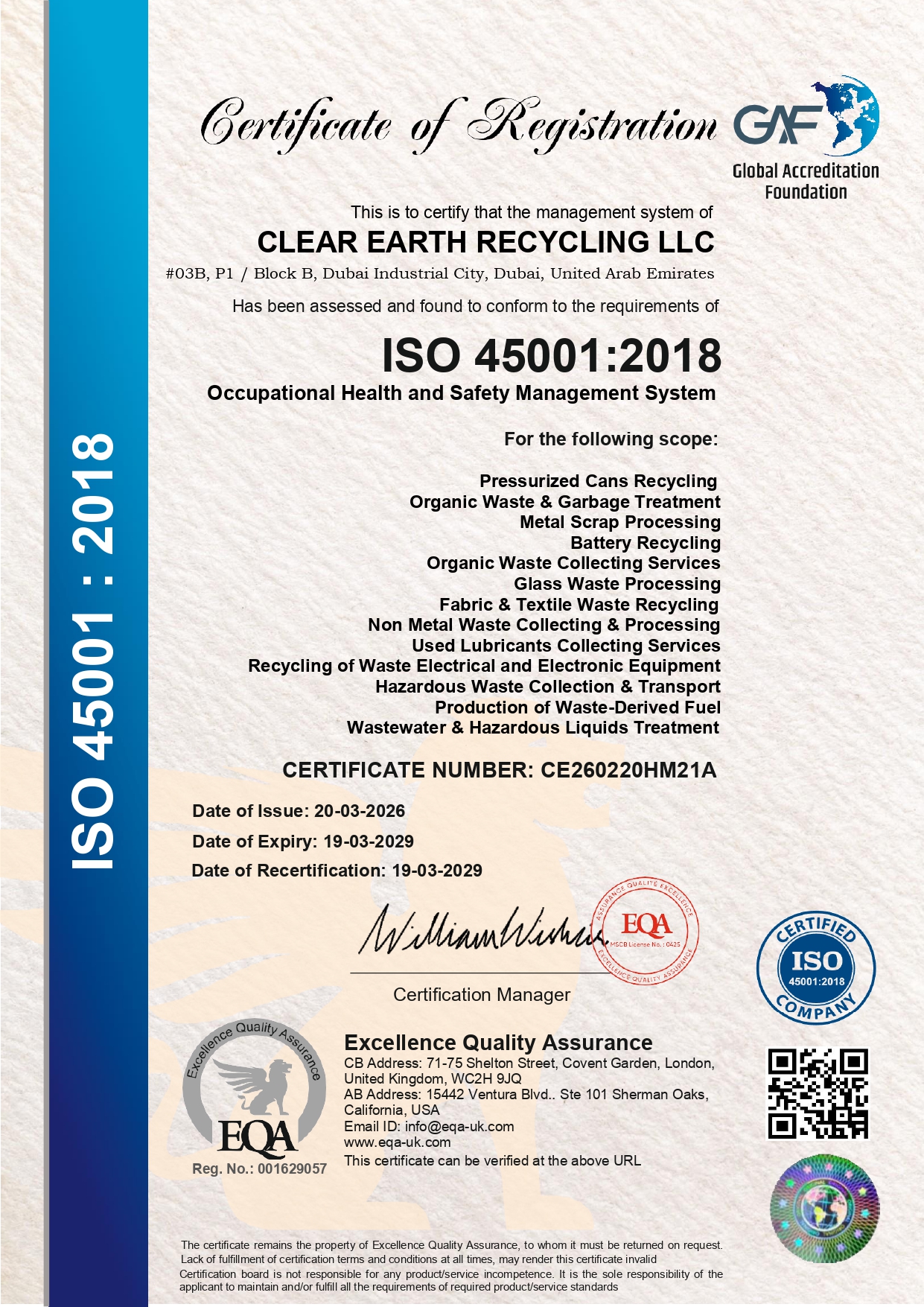 ISO 45001:2018 certificate for Clear Earth Recycling LLC
