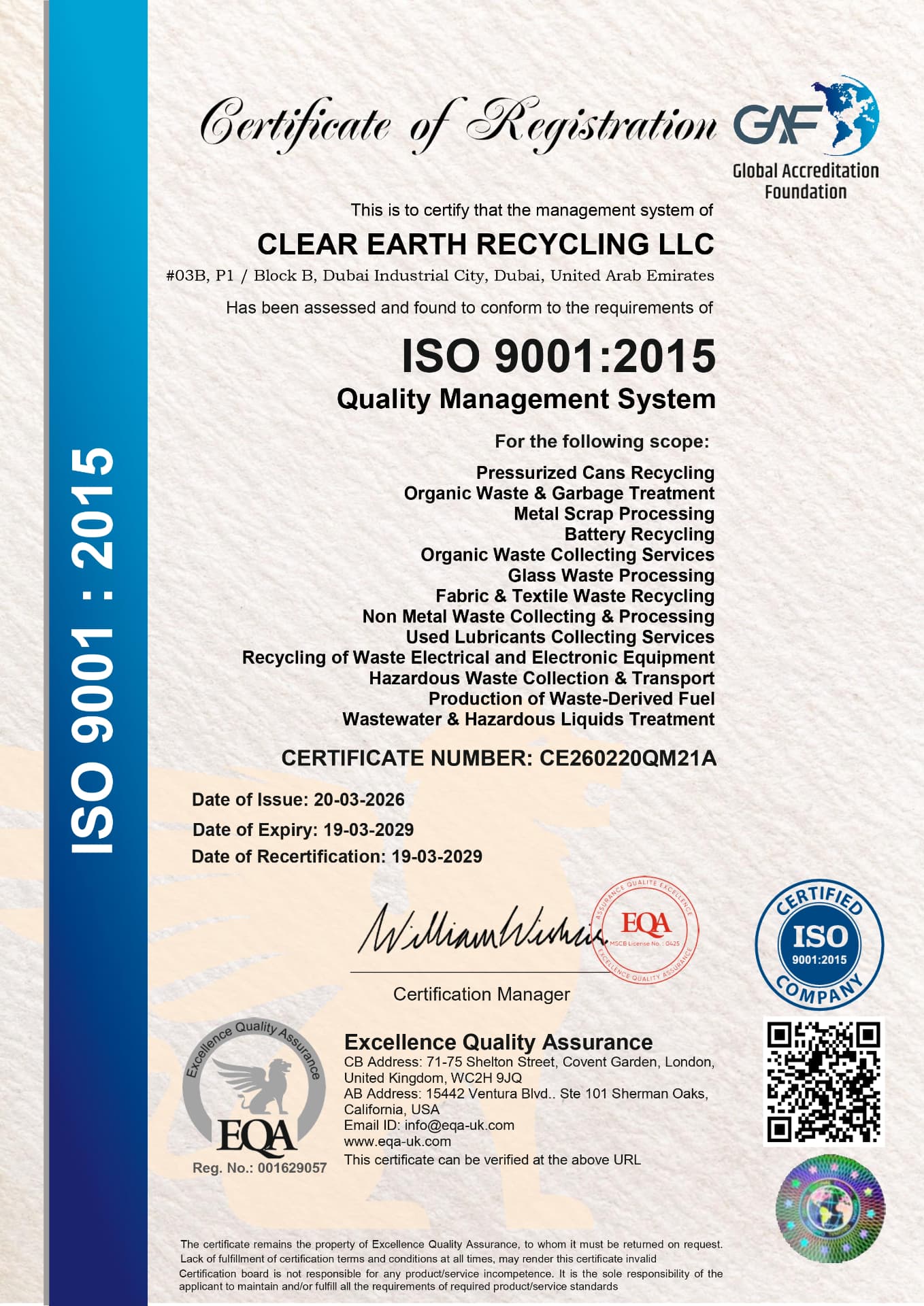 ISO 9001:2015 certificate for Clear Earth Recycling LLC