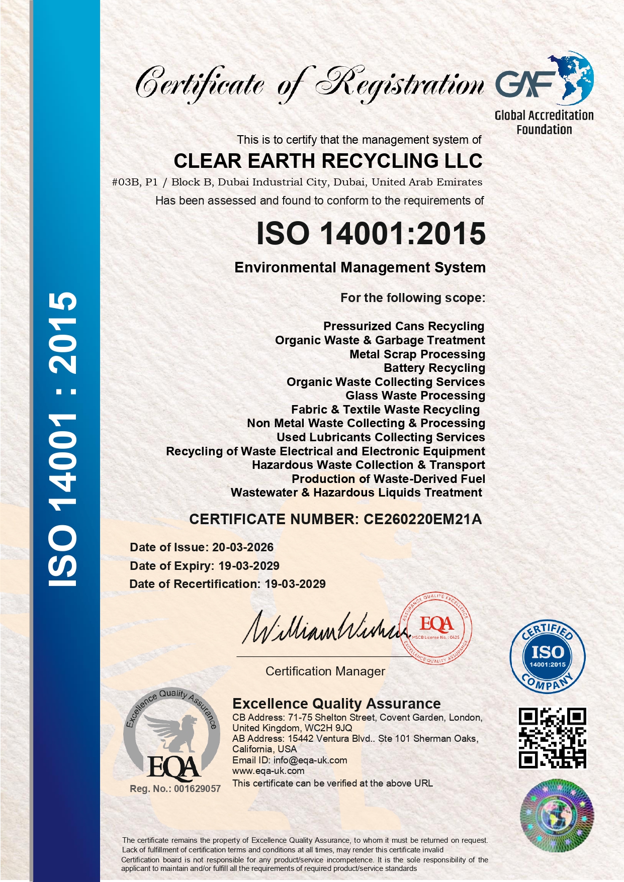 ISO 14001:2015 certificate for Clear Earth Recycling LLC