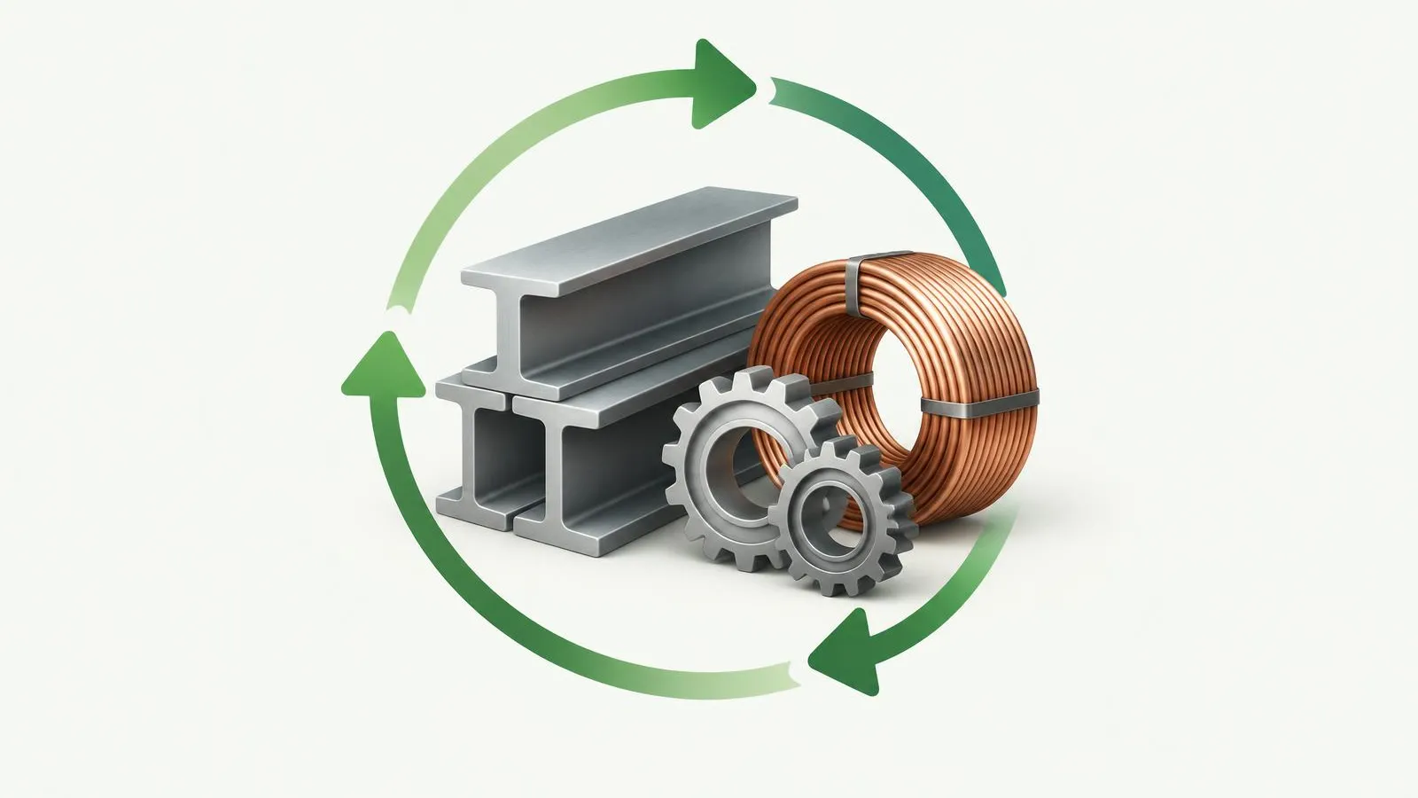 Illustration of steel beams, a copper wire coil and gears inside a recycling loop