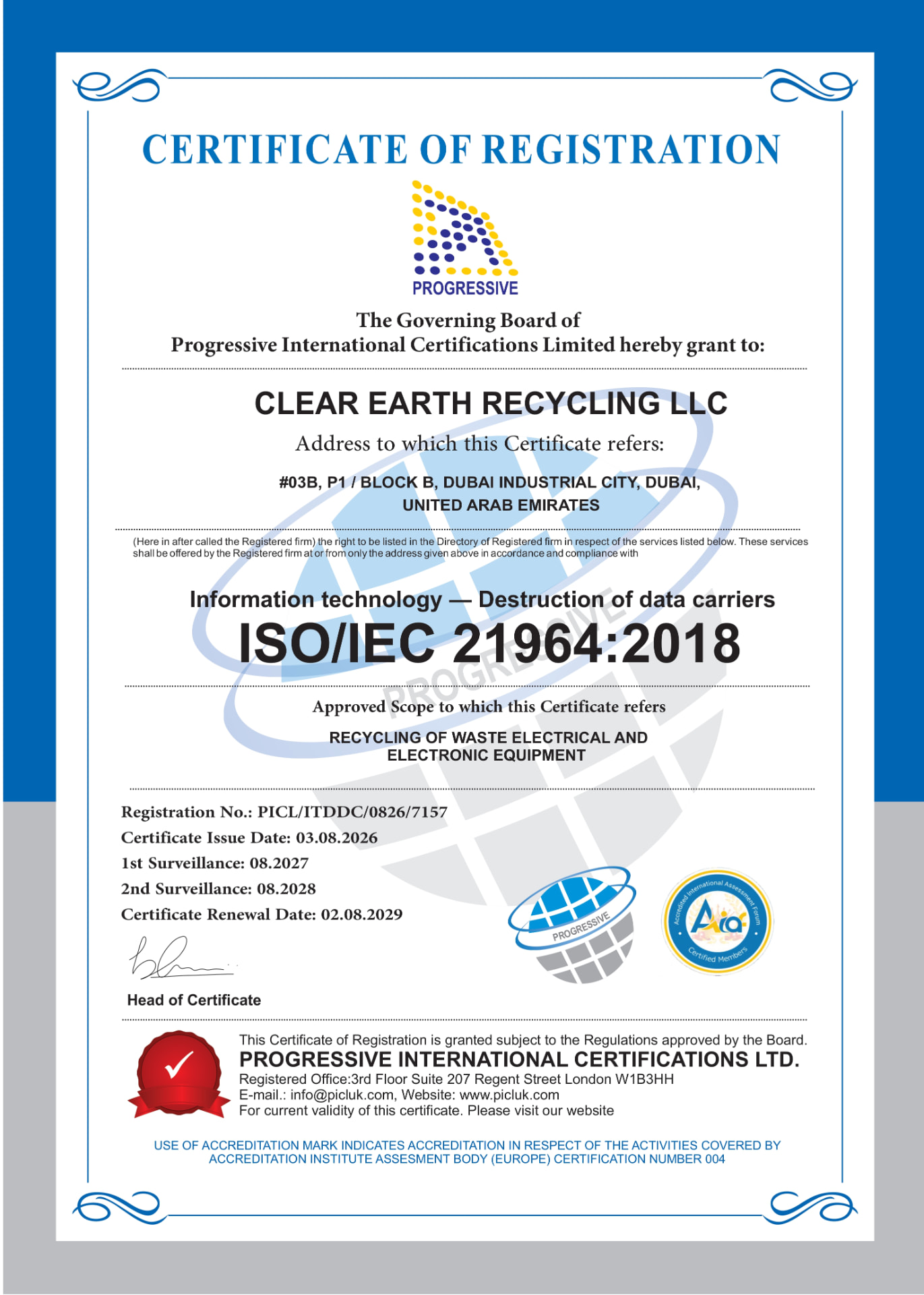 ISO/IEC 21964:2018 certificate for Clear Earth Recycling LLC